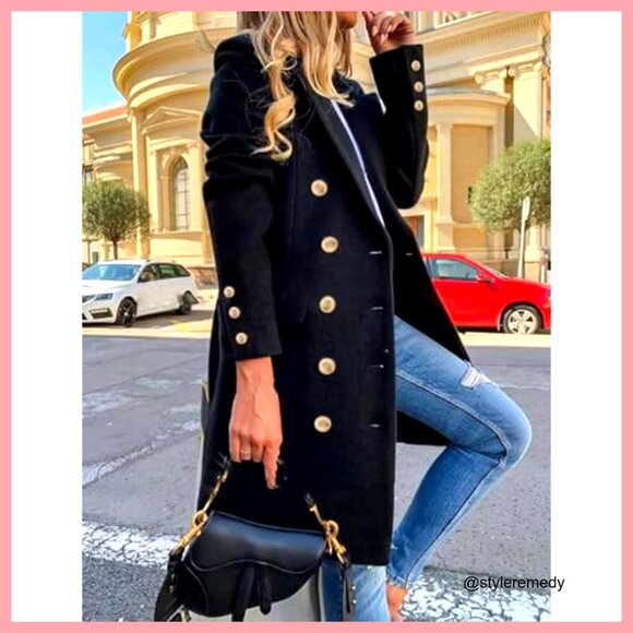 Long Wool Pea Coat Double Breasted Knee Length Office Work Coat - Picture 2 of 7